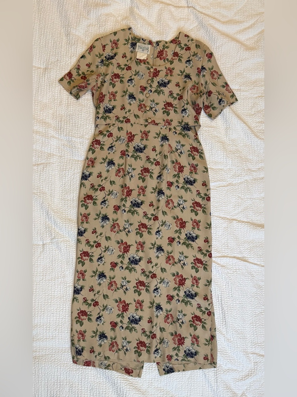Vintage Tan Floral Midi Dress with Burgundy and Blue Blooms